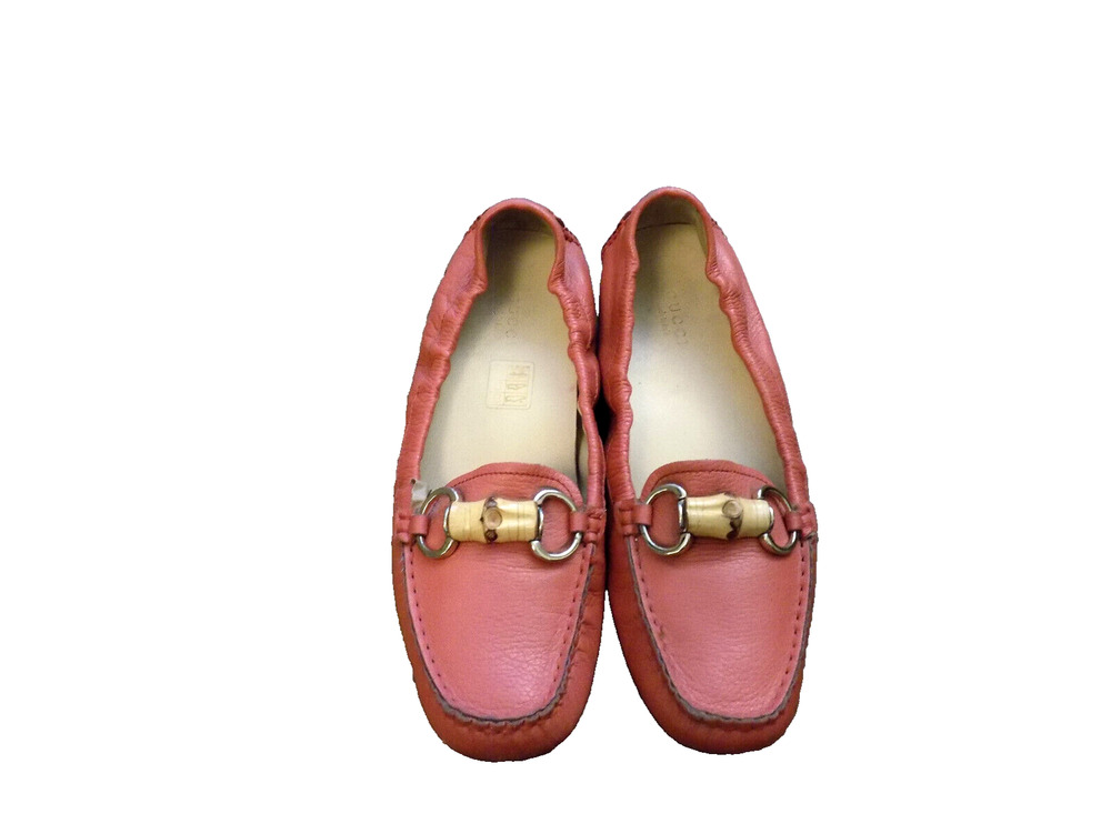 Gucci Bamboo Horsebit Driving Loafer Moc Coral Orange Leather Shoes Sz 6 Prettyy